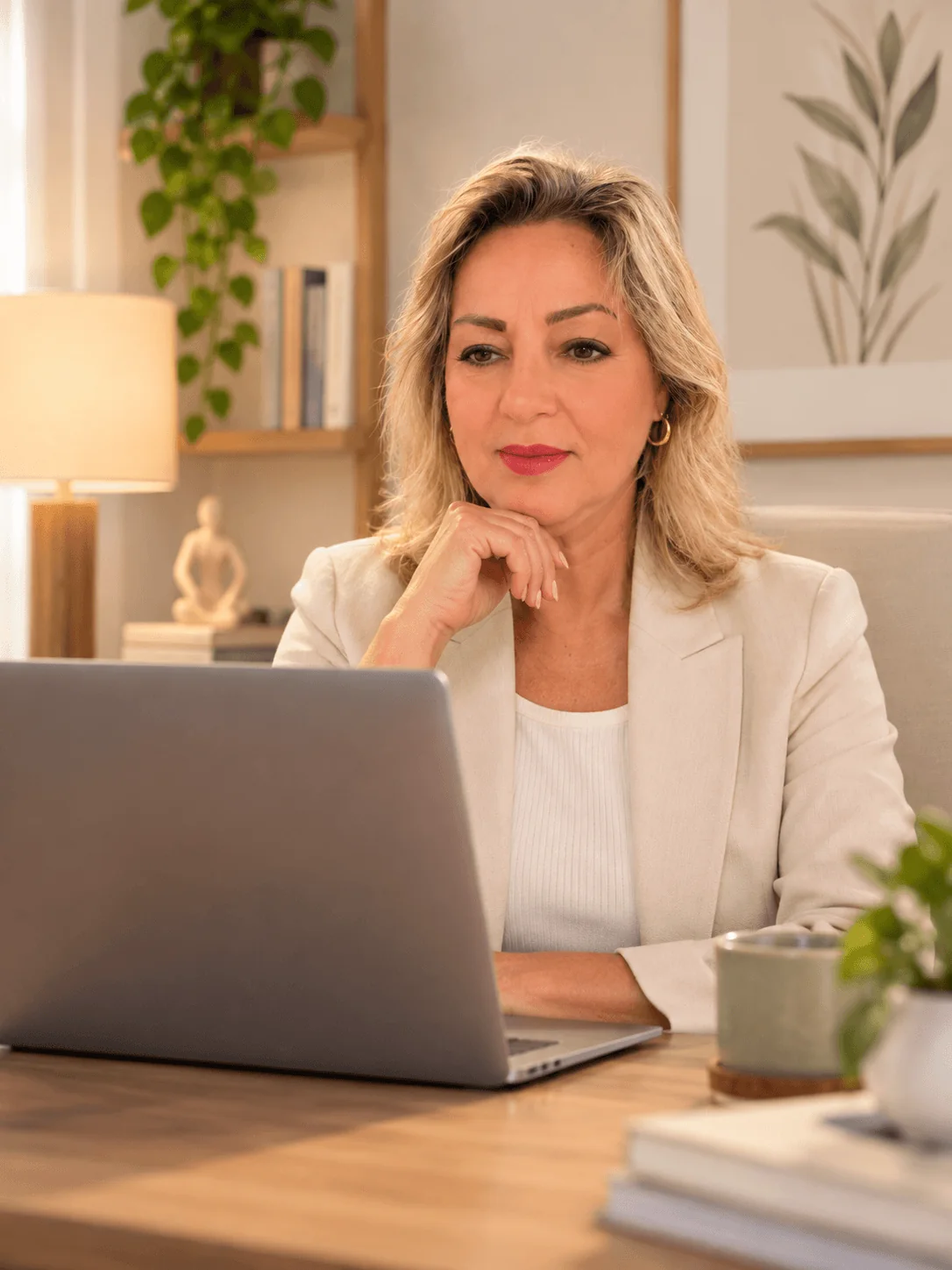 Sonia Maria em atendimento online, à mesa com o notebook
